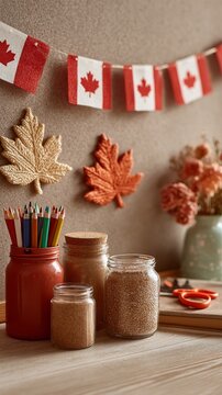 Decorative setup for Canadian Thanksgiving with red and white flags, autumn leaves, jars of ingredients, and colorful pencils on wooden table.