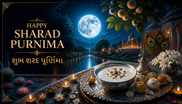 Happy sharad purnima greeting design with full moon night landscape and traditional sweet kheer bowl offering