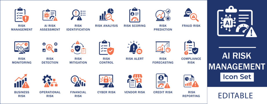 AI Risk Management icon set featuring risk assessment, identification, analysis, scoring, prediction, monitoring, mitigation, compliance, fraud, vendor, financial and cyber risk. Flat vector icons.