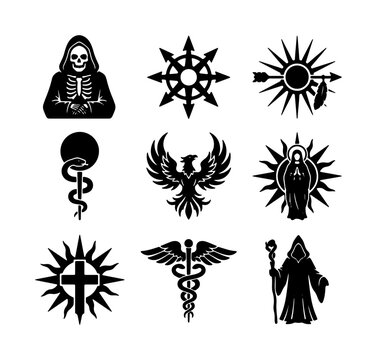Mythical creature and religious symbol set with phoenix, caduceus and grim reaper silhouettes for mystic logos