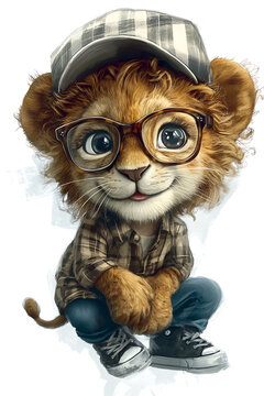 Fantasy lion cub portrait with blue eyes and a glowing jewel on its forehead; digital illustration for a T-shirt print and decorative use on hoodies, fabric accessories, cushion covers and art prints.