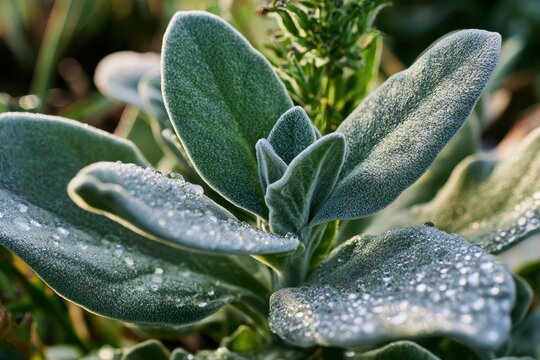 Macro study of mullein leaves with dew and delicate hair fibers