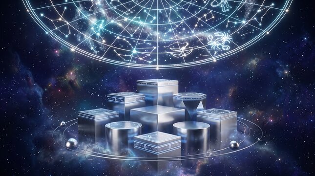 Metallic geometric podiums under a glowing zodiac constellation map
