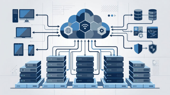 Cloud computing infrastructure network diagram with servers and digital devices connected to centralized data center database.