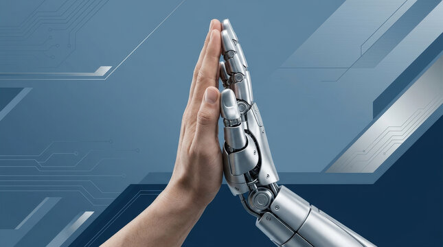 Close-up of human hand high-fiving a polished chrome robot hand in a gesture of partnership and technological advancement against a blue circuit board background.