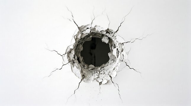 Circular hole punched through a white drywall surface with radial cracks