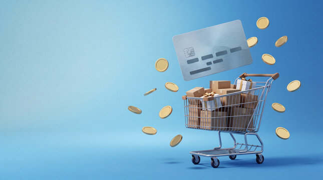 Dynamic 3D illustration of online shopping and checkout process with a full shopping cart of parcels, generic credit card, and floating gold coins on blue background.