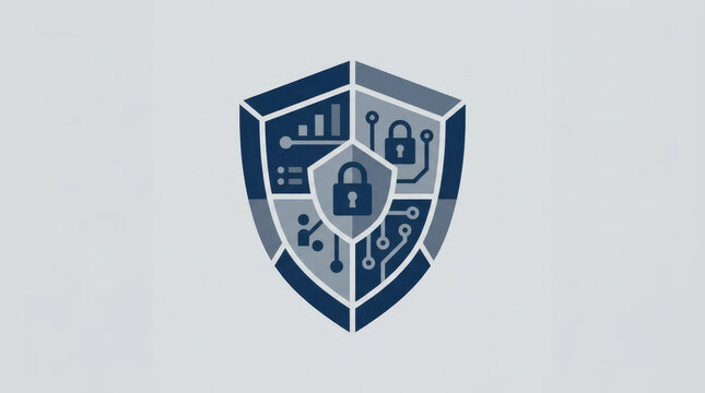 Digital shield logo with padlock and circuit board elements symbolizing cybersecurity data protection and secure technology networks for business and privacy.