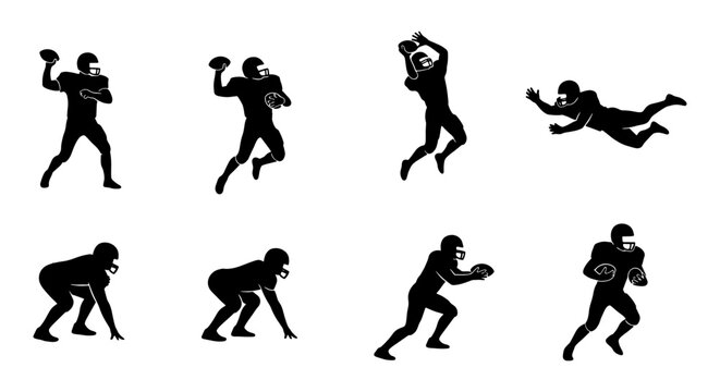 American football players set with quarterback throwing, receiver catching, running back, and tackling poses for sports apps
