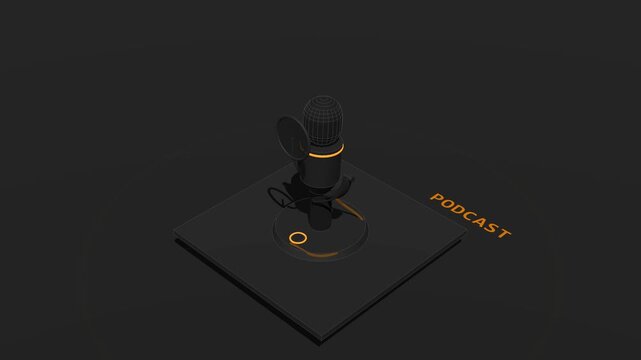 A dark isometric 3D podcast microphone powers on: the base button sends an orange signal up the cable, the mic capsule and RGB ring ignite, and the microphone mechanically tilts up to an active positi