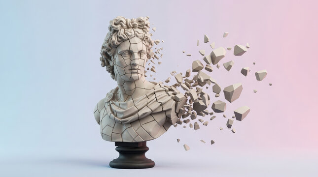 Fragmented marble bust sculpture of classical male figure breaking into geometric shards on soft gradient pastel background art.