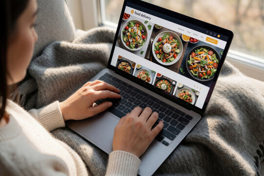 Close up of female hands typing on laptop keyboard. Woman browses food delivery website menu to order healthy meal online. Person sits near window at home using tech for remote takeout service.