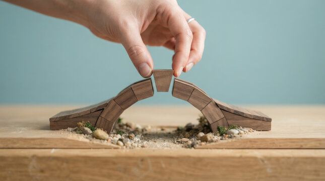 Hand placing wooden keystone block to complete miniature arch bridge structure symbolizing engineering milestone and direct connection.