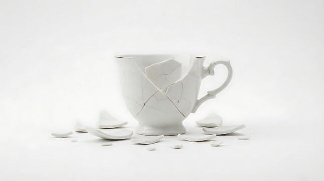 Shattered white porcelain teacup with ceramic shards on a white background