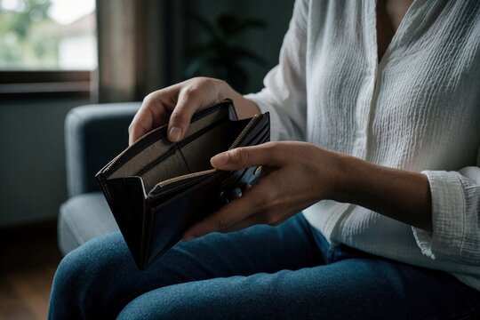 Close up of person holding empty leather wallet at home. Woman shows no cash inside billfold. Financial crisis, money shortage, debt, personal budget stress concept. Broke consumer feels poverty,