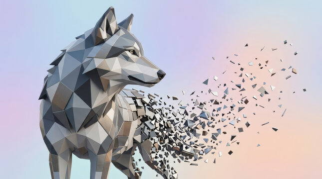 Low poly wolf figure featuring geometric metallic structure dissolving into small fragments for modern digital art projects.