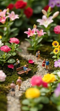 Tilt-shift macro photography of a colorful miniature flower garden with tiny people figures