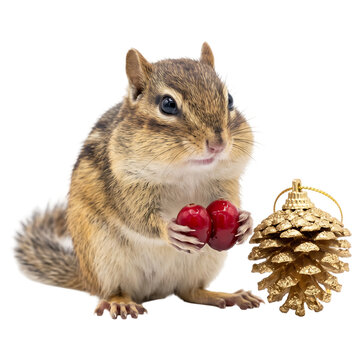 Chipmunk holding red apples and golden pine cone for Christmas holiday celebration