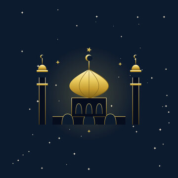 Golden mosque dome with minarets, Islamic architecture vector element