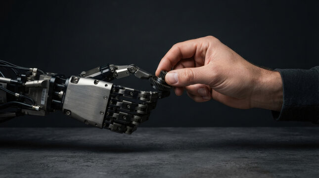 Man's hand carefully places small gear into metallic robot hand fingers in a scene about precision engineering and complex machinery assembly and interaction.