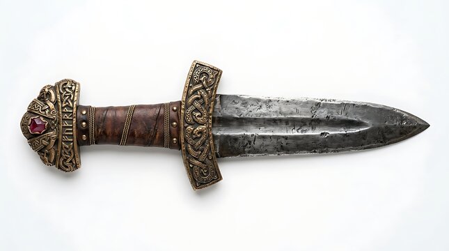 Viking short sword with ornate bronze hilt isolated on white background