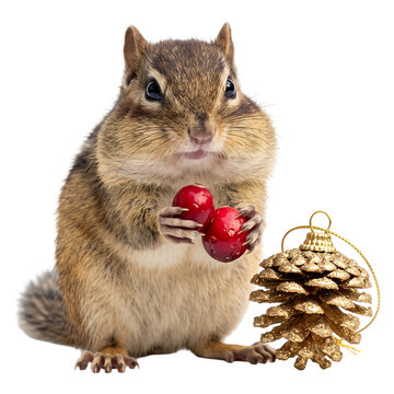 Chipmunk holding red christmas ornament next to golden pinecone for holiday celebration