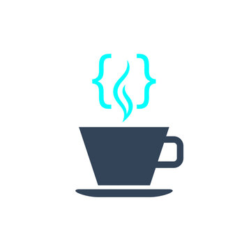 Minimalist Programming Coffee Cup Icon with Cyan Curly Braces Steam for Software Developers and Coders