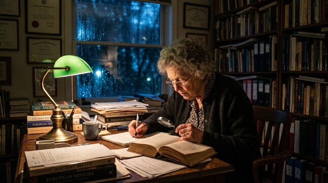 Elderly female historian reading ancient book with magnifying glass at desk in home library at night