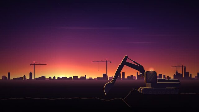 Excavator Digging at Dusk Rim Lit Silhouette Seamless Loop