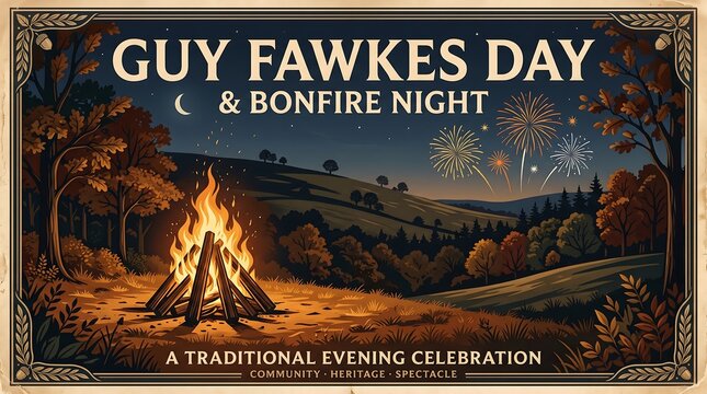Guy fawkes bonfire celebration with fireworks and traditional evening atmosphere