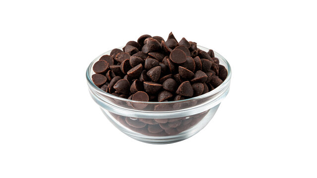 Glass bowl filled with dark chocolate chips drops confectionery isolated on transparent background