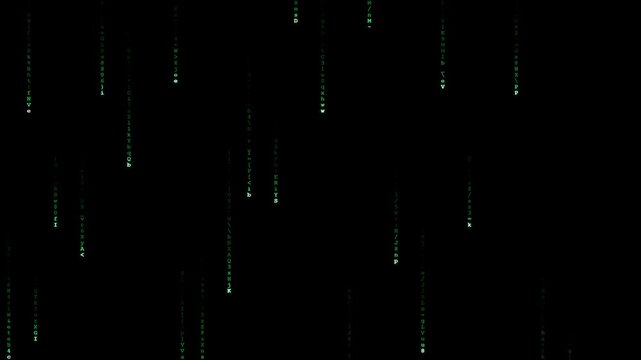 Futuristic 2D digital rain background featuring glowing green characters flowing vertically against a dark black background. Seamless looping animation suitable for cybersecurity, hacking, technology,