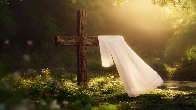 Cloth drape over wooden cross at dawn in forest clearing with white fabric draped sunlit forest