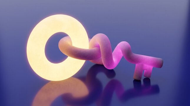 Glowing yellow ring connected to flowing magenta tubes on soft gradient background