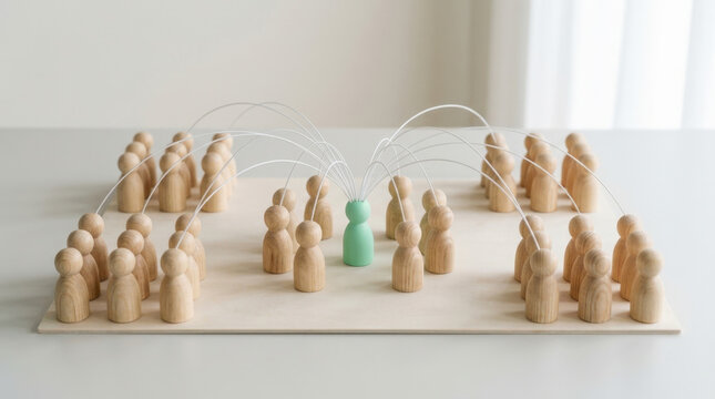 Mint green wooden figure linked to many light wooden pawns with string representing central leadership and network management.