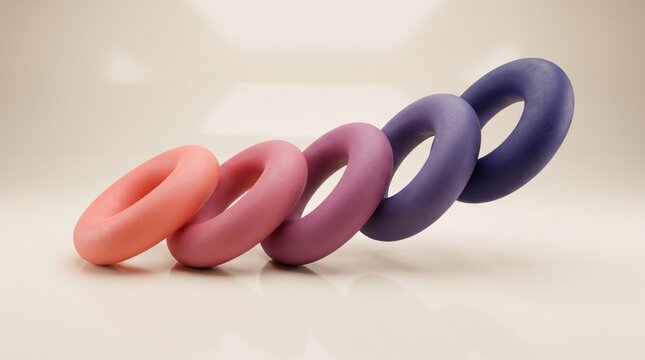 Gradient colored toruses arranged in flowing sequence on neutral surface