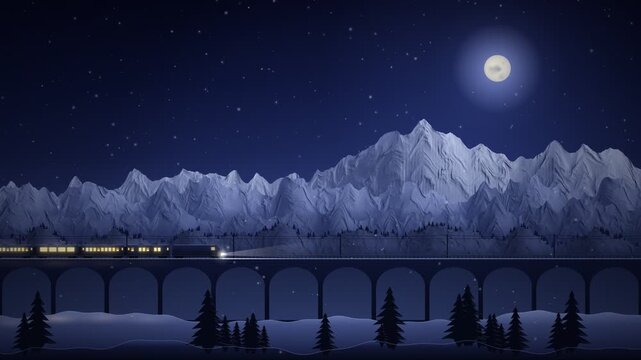 Sleeper Night Train Crossing Snowy Mountain Viaduct Seamless Loop