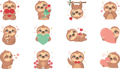 Fototapeta premium Cute Sloth Character Vector Set Featuring Cartoon Sloths Holding Hearts Flowers and Baby for Valentines Day Wedding and Love Theme Graphic Designs