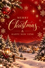 Obraz premium Winter Scene With Christmas and New Year Wishes on Red Background