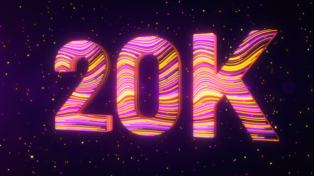 Large perspective view of a futuristic 3D 20K number featuring vibrant purple, yellow, and magenta flowing lines, luminous edges, and glowing particles against a dark cosmic background.