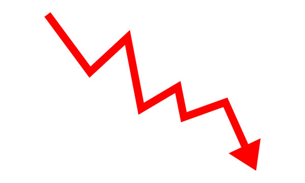 Red zigzag arrow pointing downward representing a decline or negative trend isolated on transparent background