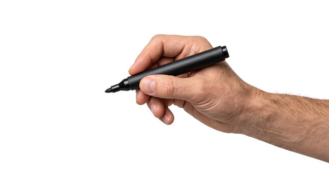 Man's hand gripping black marker pen for on isolated background