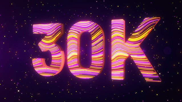 Large perspective view of a futuristic 3D 30K number featuring vibrant purple, yellow, and magenta flowing lines, luminous edges, and glowing particles against a dark cosmic background.