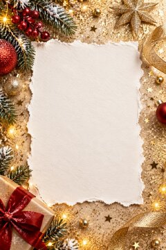 Blank Holiday Paper Surrounded by Festive Decorations With Gifts and Lights