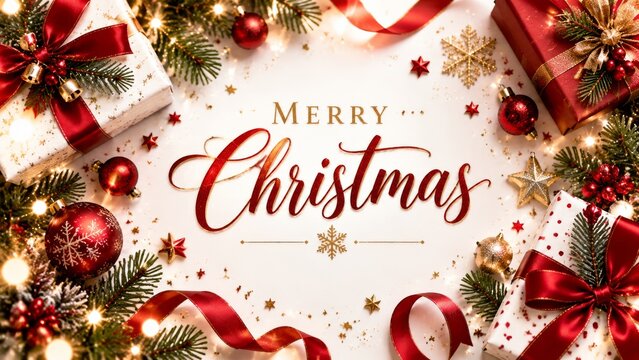 Decorative Christmas Setup With Gifts, Ornaments, and Text Display