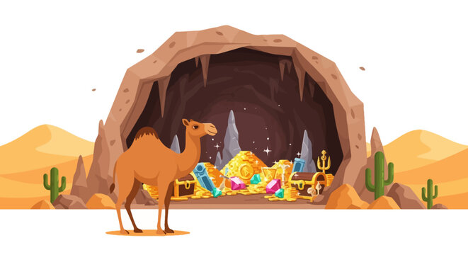 Camel guarding desert cave treasure hoard with gold coins and jewels