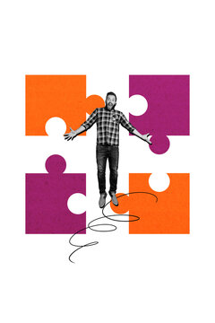 Vertical photo collage of happy guy jump puzzle match segment jigsaw business strategy element isolated on painted background