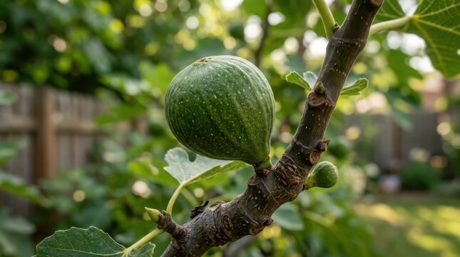 A vibrant green fig fruit developing on a textured brown branch of a fig tree in the garden, showcasing natural growth and fresh produce.