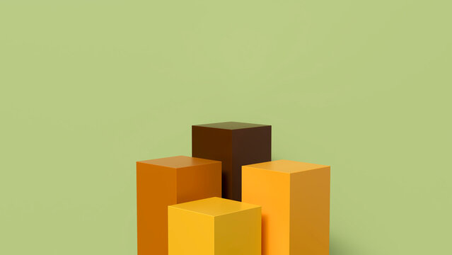 Four geometric cubes in dark brown, orange-yellow, mustard, and terracotta, arranged before an olive green wall, strong directional light, long shadows, product display style.