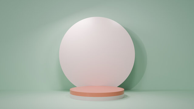 Minimalist studio scene with circular pedestal, light pinkish-orange top and white base, mint green wall, large circular backdrop, soft spotlight, calm modern geometric design.